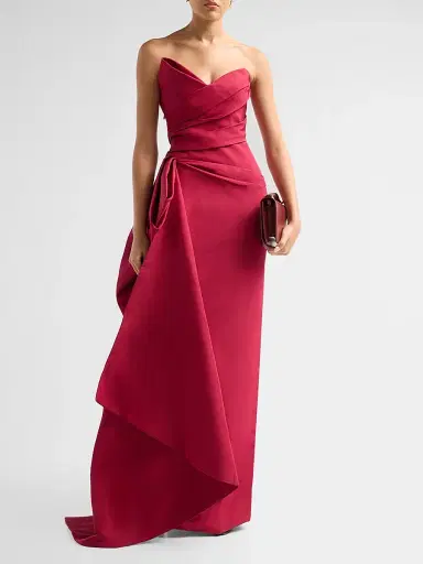 MONIQUE LHUILLIER Women's Asymmetric Draped Silk Faille Gown - Rhubarb - Size 6 | Thumbnail 2 MONIQUE LHUILLIER Women's Asymmetric Draped Silk Faille Gown - Rhubarb - Size 6 | Thumbnail 2