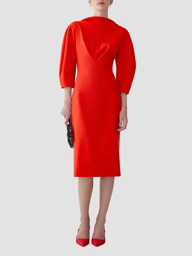 Carolina Herrera Women's Draped Stretch Wool Sheath Midi Dress - Chili Red | Thumbnail 4 Carolina Herrera Women's Draped Stretch Wool Sheath Midi Dress - Chili Red | Thumbnail 4