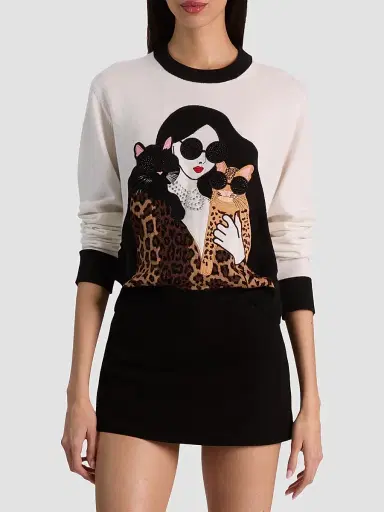 Alice + Olivia Women's Gleeson Staceface Leopard Merino Wool Pullover Sweater - Soft White Multi | Thumbnail 4 Alice + Olivia Women's Gleeson Staceface Leopard Merino Wool Pullover Sweater - Soft White Multi | Thumbnail 4