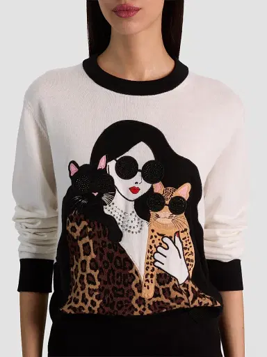 Alice + Olivia Women's Gleeson Staceface Leopard Merino Wool Pullover Sweater - Soft White Multi | Thumbnail 5 Alice + Olivia Women's Gleeson Staceface Leopard Merino Wool Pullover Sweater - Soft White Multi | Thumbnail 5