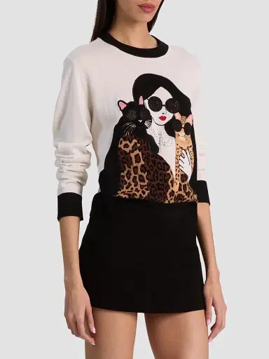 Alice + Olivia Women's Gleeson Staceface Leopard Merino Wool Pullover Sweater - Soft White Multi | Thumbnail 7 Alice + Olivia Women's Gleeson Staceface Leopard Merino Wool Pullover Sweater - Soft White Multi | Thumbnail 7