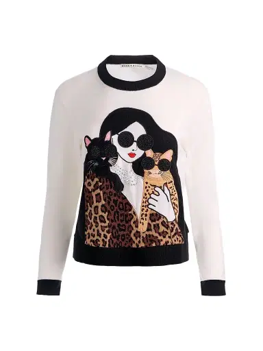 Alice + Olivia Women's Gleeson Staceface Leopard Merino Wool Pullover Sweater - Soft White Multi | Thumbnail 1 Alice + Olivia Women's Gleeson Staceface Leopard Merino Wool Pullover Sweater - Soft White Multi | Thumbnail 1
