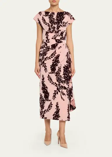 Lela Rose Flocked Taffeta Pleated Drape Midi Dress | Thumbnail 2 Lela Rose Flocked Taffeta Pleated Drape Midi Dress | Thumbnail 2