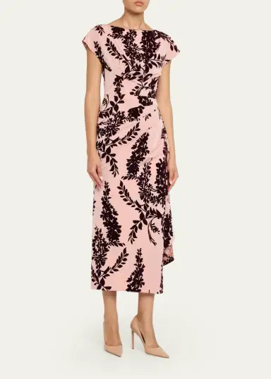 Lela Rose Flocked Taffeta Pleated Drape Midi Dress | Thumbnail 4 Lela Rose Flocked Taffeta Pleated Drape Midi Dress | Thumbnail 4
