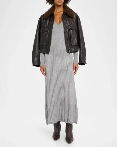 Brunello Cucinelli Waxed Leather Aviator Jacket With Lamb Shearling Collar | Thumbnail 2 Brunello Cucinelli Waxed Leather Aviator Jacket With Lamb Shearling Collar | Thumbnail 2