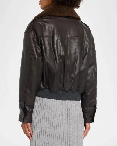 Brunello Cucinelli Waxed Leather Aviator Jacket With Lamb Shearling Collar | Thumbnail 3 Brunello Cucinelli Waxed Leather Aviator Jacket With Lamb Shearling Collar | Thumbnail 3