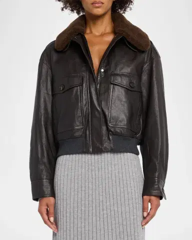 Brunello Cucinelli Waxed Leather Aviator Jacket With Lamb Shearling Collar | Thumbnail 4 Brunello Cucinelli Waxed Leather Aviator Jacket With Lamb Shearling Collar | Thumbnail 4