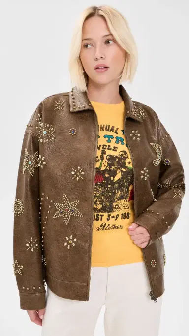 Mother The Zip It Faux eather Jacket Brown And Cream | Thumbnail 2 Mother The Zip It Faux eather Jacket Brown And Cream | Thumbnail 2