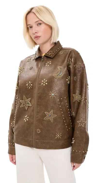 Mother The Zip It Faux eather Jacket Brown And Cream | Thumbnail 1 Mother The Zip It Faux eather Jacket Brown And Cream | Thumbnail 1