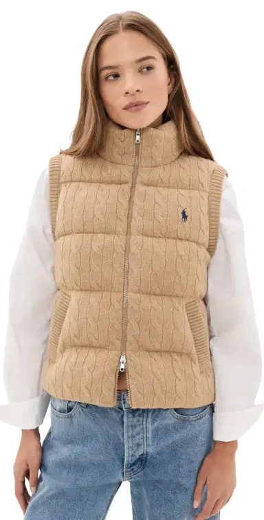 Polo Ralph Lauren Cable Knit Puffer Vest Collection Camel elange | Thumbnail 1 Polo Ralph Lauren Cable Knit Puffer Vest Collection Camel elange | Thumbnail 1