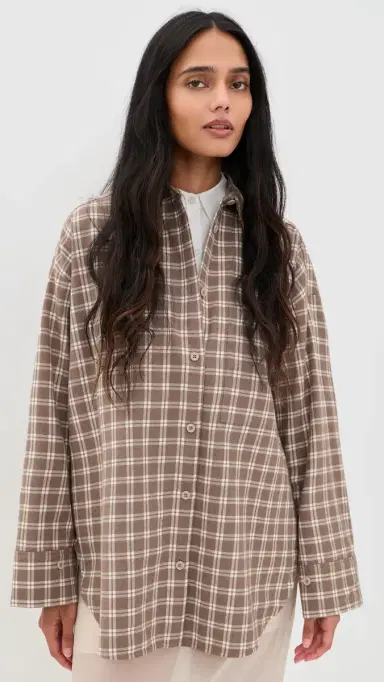 By Malene Birger Derris Flannel Button Down Shirt Fossil | Thumbnail 2 By Malene Birger Derris Flannel Button Down Shirt Fossil | Thumbnail 2