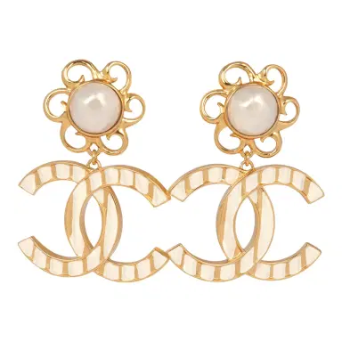 Chanel Chanel Resin Flower CC Drop Clip-On Earrings White Gold Tone Hardware | Thumbnail 1 Chanel Chanel Resin Flower CC Drop Clip-On Earrings White Gold Tone Hardware | Thumbnail 1