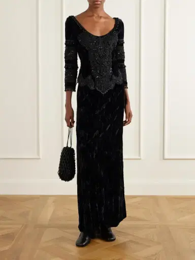 ANNA SUI Fringed Bead-embellished Lace-trimmed Velvet Blouse | Thumbnail 2 ANNA SUI Fringed Bead-embellished Lace-trimmed Velvet Blouse | Thumbnail 2