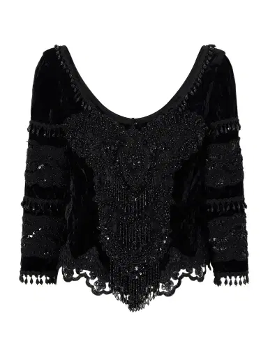 ANNA SUI Fringed Bead-embellished Lace-trimmed Velvet Blouse | Thumbnail 1 ANNA SUI Fringed Bead-embellished Lace-trimmed Velvet Blouse | Thumbnail 1