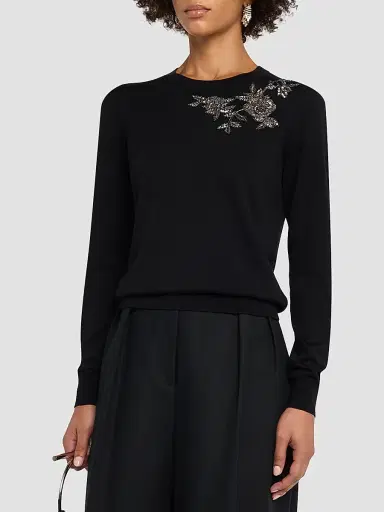 Carolina Herrera Women's Embellished Silk-Cotton Crewneck Sweater - Black | Thumbnail 4 Carolina Herrera Women's Embellished Silk-Cotton Crewneck Sweater - Black | Thumbnail 4