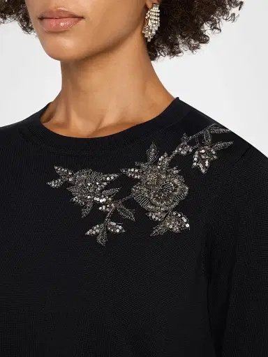 Carolina Herrera Women's Embellished Silk-Cotton Crewneck Sweater - Black | Thumbnail 5 Carolina Herrera Women's Embellished Silk-Cotton Crewneck Sweater - Black | Thumbnail 5