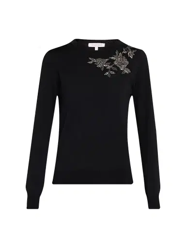 Carolina Herrera Women's Embellished Silk-Cotton Crewneck Sweater - Black | Thumbnail 1 Carolina Herrera Women's Embellished Silk-Cotton Crewneck Sweater - Black | Thumbnail 1