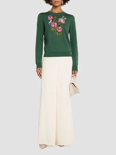 Carolina Herrera Women's Floral-Embroidered Silk-Cotton Crewneck Sweater - Racing Green | Thumbnail 2 Carolina Herrera Women's Floral-Embroidered Silk-Cotton Crewneck Sweater - Racing Green | Thumbnail 2