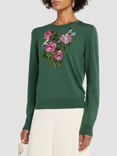 Carolina Herrera Women's Floral-Embroidered Silk-Cotton Crewneck Sweater - Racing Green | Thumbnail 4 Carolina Herrera Women's Floral-Embroidered Silk-Cotton Crewneck Sweater - Racing Green | Thumbnail 4