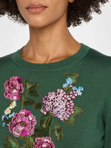 Carolina Herrera Women's Floral-Embroidered Silk-Cotton Crewneck Sweater - Racing Green | Thumbnail 5 Carolina Herrera Women's Floral-Embroidered Silk-Cotton Crewneck Sweater - Racing Green | Thumbnail 5