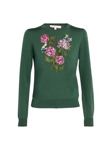 Carolina Herrera Women's Floral-Embroidered Silk-Cotton Crewneck Sweater - Racing Green | Thumbnail 1 Carolina Herrera Women's Floral-Embroidered Silk-Cotton Crewneck Sweater - Racing Green | Thumbnail 1