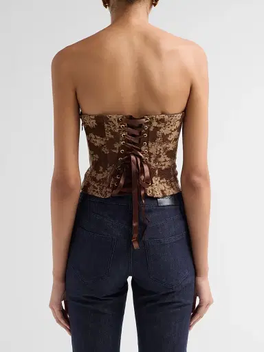 L'Agence Women's Paulette Floral-Jacquard Lace-Up Strapless Top - Brown Floral Tapestry | Thumbnail 3 L'Agence Women's Paulette Floral-Jacquard Lace-Up Strapless Top - Brown Floral Tapestry | Thumbnail 3