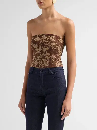 L'Agence Women's Paulette Floral-Jacquard Lace-Up Strapless Top - Brown Floral Tapestry | Thumbnail 4 L'Agence Women's Paulette Floral-Jacquard Lace-Up Strapless Top - Brown Floral Tapestry | Thumbnail 4