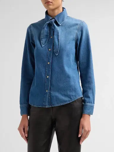 Frame Women's The Clementine Cotton-Blend Denim Tieneck Shirt - Hideaway | Thumbnail 4 Frame Women's The Clementine Cotton-Blend Denim Tieneck Shirt - Hideaway | Thumbnail 4