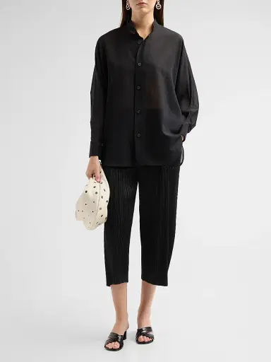 Issey Miyake Women's Band Collar Wool-Blend Shirt - Black - Size Small | Thumbnail 2 Issey Miyake Women's Band Collar Wool-Blend Shirt - Black - Size Small | Thumbnail 2