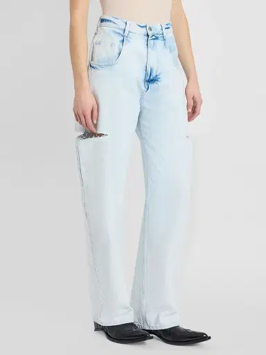 Maison Margiela Women's Distressed Barrel Jeans - Bleach Indigo Blue | Thumbnail 4 Maison Margiela Women's Distressed Barrel Jeans - Bleach Indigo Blue | Thumbnail 4