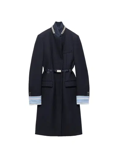 Prada Women's Single-Breasted Embroidered Double Wool Coat - Blue | Thumbnail 1 Prada Women's Single-Breasted Embroidered Double Wool Coat - Blue | Thumbnail 1