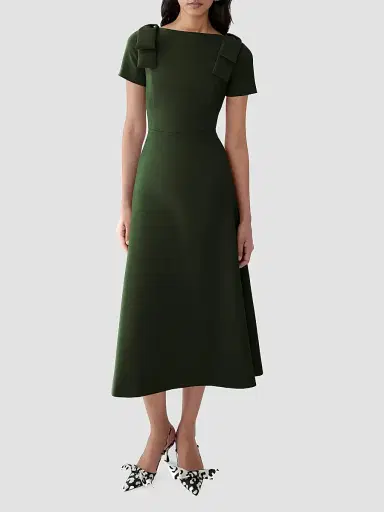 Carolina Herrera Women's Boatneck Bow Shoulder Short-Sleeve Midi Dress - Forest Green | Thumbnail 2 Carolina Herrera Women's Boatneck Bow Shoulder Short-Sleeve Midi Dress - Forest Green | Thumbnail 2