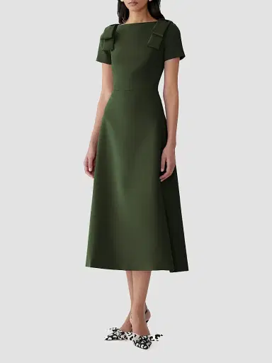 Carolina Herrera Women's Boatneck Bow Shoulder Short-Sleeve Midi Dress - Forest Green | Thumbnail 4 Carolina Herrera Women's Boatneck Bow Shoulder Short-Sleeve Midi Dress - Forest Green | Thumbnail 4