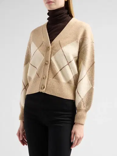 Design History Women's Casette Argyle V-Neck Cardigan - Almond Combo | Thumbnail 4 Design History Women's Casette Argyle V-Neck Cardigan - Almond Combo | Thumbnail 4