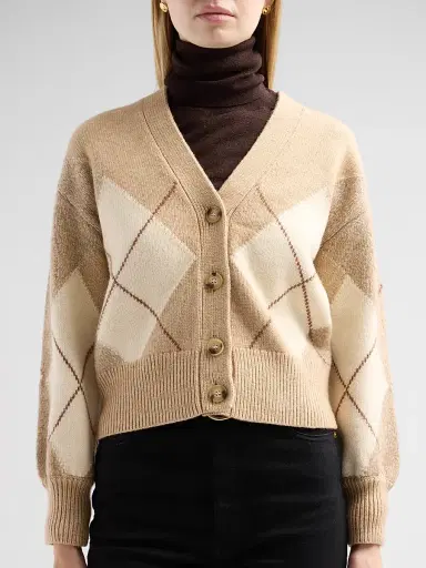 Design History Women's Casette Argyle V-Neck Cardigan - Almond Combo | Thumbnail 5 Design History Women's Casette Argyle V-Neck Cardigan - Almond Combo | Thumbnail 5
