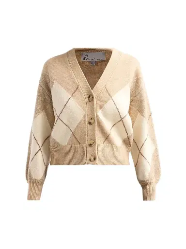 Design History Women's Casette Argyle V-Neck Cardigan - Almond Combo | Thumbnail 1 Design History Women's Casette Argyle V-Neck Cardigan - Almond Combo | Thumbnail 1