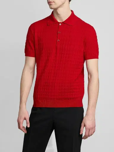 Versace Men's Textured Wool Knit Polo Sweater - Red | Thumbnail 4 Versace Men's Textured Wool Knit Polo Sweater - Red | Thumbnail 4