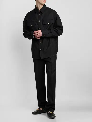 Versace Men's Greca Jacquard Wool Shirt - Black | Thumbnail 2 Versace Men's Greca Jacquard Wool Shirt - Black | Thumbnail 2
