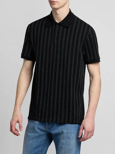 Versace Men's Greca Jacquard Cotton Polo Shirt - Black Grey | Thumbnail 4 Versace Men's Greca Jacquard Cotton Polo Shirt - Black Grey | Thumbnail 4