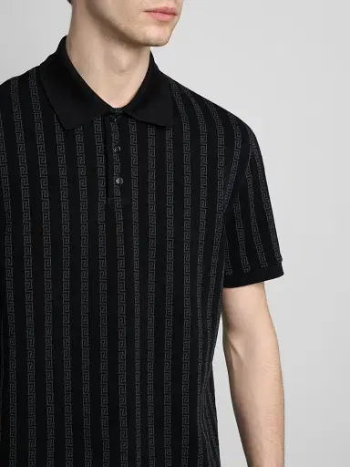 Versace Men's Greca Jacquard Cotton Polo Shirt - Black Grey | Thumbnail 5 Versace Men's Greca Jacquard Cotton Polo Shirt - Black Grey | Thumbnail 5