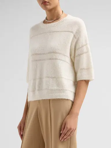 Fabiana Filippi Women's Platinum Sequin Striped Short-Sleeve Sweater - Rafia | Thumbnail 4 Fabiana Filippi Women's Platinum Sequin Striped Short-Sleeve Sweater - Rafia | Thumbnail 4