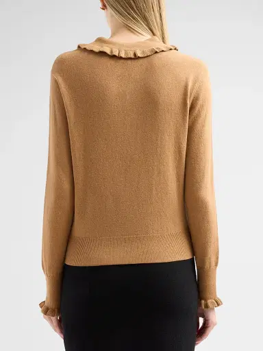 Design History Women's Sophie Ruffle Collar Polo Top - Camel | Thumbnail 3 Design History Women's Sophie Ruffle Collar Polo Top - Camel | Thumbnail 3