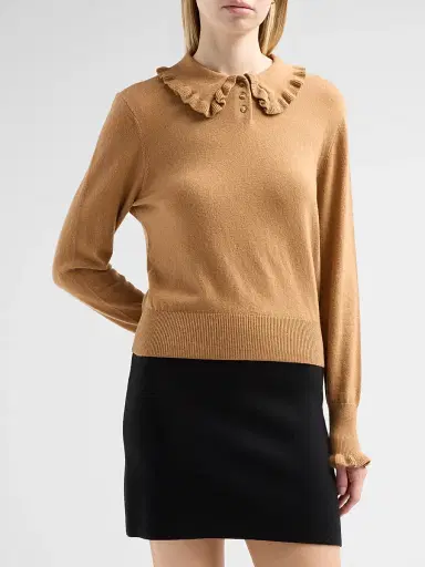 Design History Women's Sophie Ruffle Collar Polo Top - Camel | Thumbnail 4 Design History Women's Sophie Ruffle Collar Polo Top - Camel | Thumbnail 4