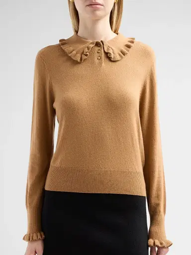 Design History Women's Sophie Ruffle Collar Polo Top - Camel | Thumbnail 5 Design History Women's Sophie Ruffle Collar Polo Top - Camel | Thumbnail 5