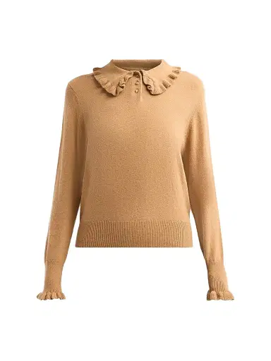 Design History Women's Sophie Ruffle Collar Polo Top - Camel | Thumbnail 1 Design History Women's Sophie Ruffle Collar Polo Top - Camel | Thumbnail 1