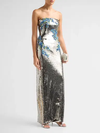 MONIQUE LHUILLIER Women's Floral-Sequined Strapless Column Gown - Rhubarb | Thumbnail 4 MONIQUE LHUILLIER Women's Floral-Sequined Strapless Column Gown - Rhubarb | Thumbnail 4