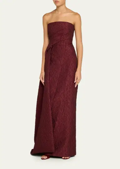 MONIQUE LHUILLIER Strapless Textured Jacquard Draped Train Column Gown | Thumbnail 4 MONIQUE LHUILLIER Strapless Textured Jacquard Draped Train Column Gown | Thumbnail 4