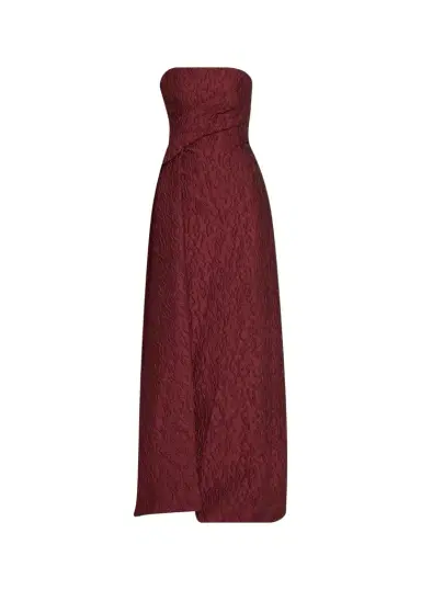 MONIQUE LHUILLIER Strapless Textured Jacquard Draped Train Column Gown | Thumbnail 1 MONIQUE LHUILLIER Strapless Textured Jacquard Draped Train Column Gown | Thumbnail 1