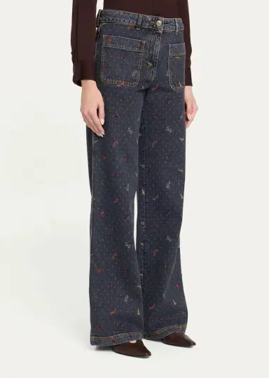 Etro Patch Pocket Polka-Dot Denim Wide-Leg Jeans | Thumbnail 4 Etro Patch Pocket Polka-Dot Denim Wide-Leg Jeans | Thumbnail 4