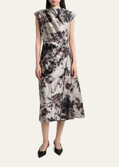 Erdem Draped Floral Satin Midi Dress | Thumbnail 2 Erdem Draped Floral Satin Midi Dress | Thumbnail 2